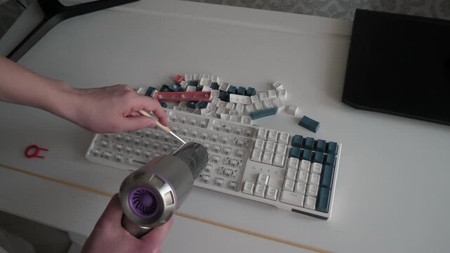 Meticulous cleaning of keyboard components. Thorough keyboard maintenance with cleaning techniques. Careful disassembly and vacuuming of keyboard keys using vacuum cleaner for thorough cleaning