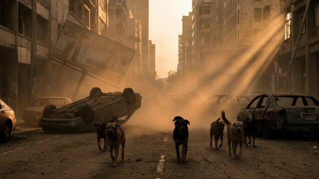 Pack of stray dogs walking on a destroyed city street. Post apocalyptic urban landscape with abandoned cars and dusty air. Cinematic survival concept scene.