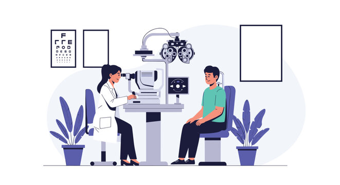 Professional optometrist examining a male patient eyes using a phoropter machine in a modern eye clinic office.