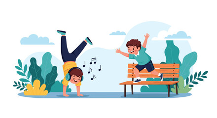 Fototapeta premium Energetic boy doing a handstand while listening to music through headphones as his friend plays on a park bench in a vibrant park.