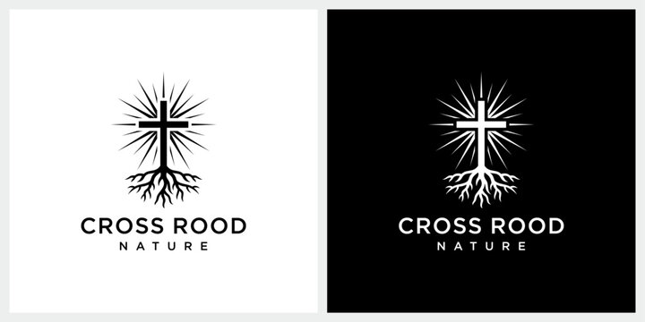 Rooted christian cross crucifix with sunny summer sunlight for church community logo design