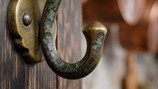 Close up of an antique brass hook mounted on a wooden surface.