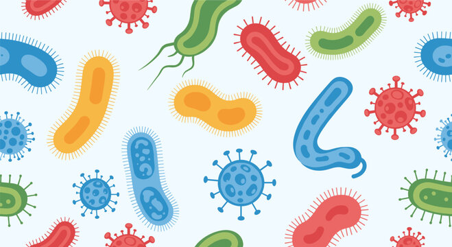 Seamless pattern background of various colorful microscopic bacteria and virus types on a light blue backdrop for health awareness.