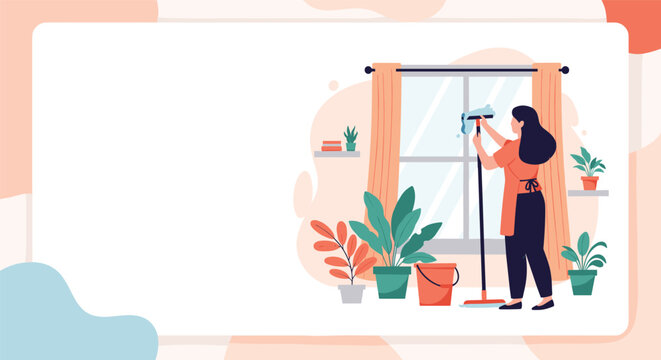 Professional cleaner or housewife cleaning a window with a squeegee in a bright living room filled with beautiful green houseplants.