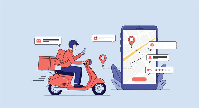Fast delivery scooter driver using a smartphone map app for navigation to deliver a package to a specific location in the city.