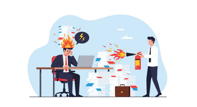 Stressed businessman sitting at his desk with fire on his head while a colleague tries to put it out using a red fire extinguisher.