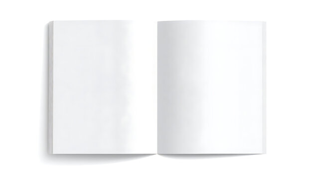 Open blank white magazine or brochure pages, clean spread for copy, mockup template for design layout