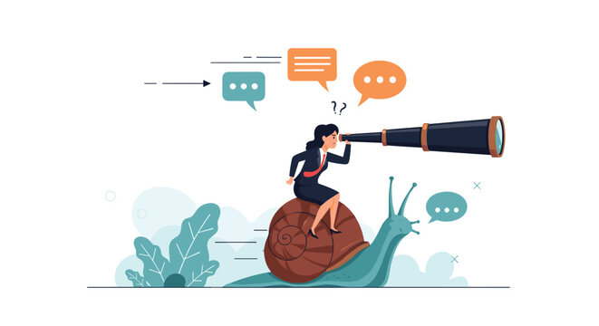 Businesswoman riding a snail while looking through a telescope to find new opportunities despite her slow progress.