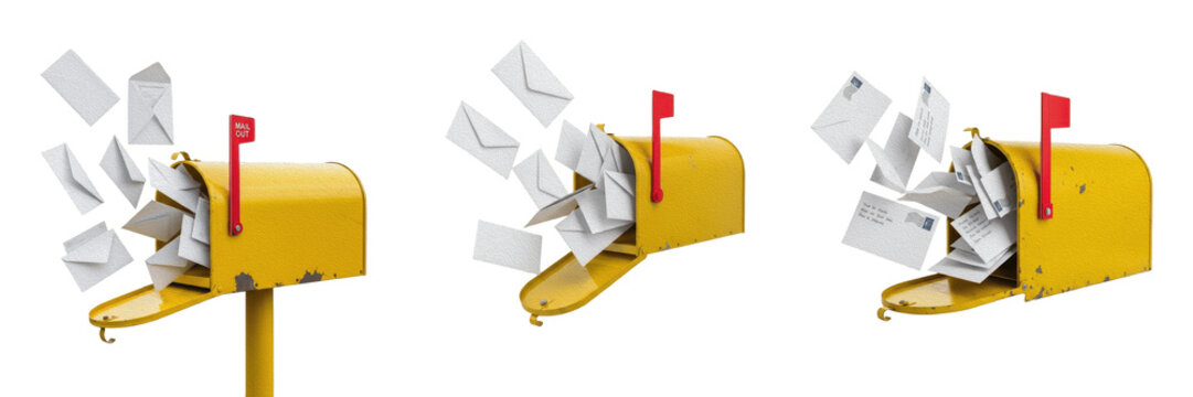 Set of yellow rural mailbox filled with letters isolated on white background for postal service, communication, and mailing business concepts.
