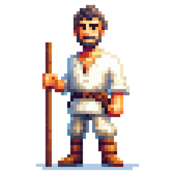 Pixel art medieval peasant man character with wooden staff on white background