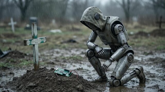 Robot kneeling at a grave in the rain. Mechanical droid mourning at a tombstone with a circuit board. Futuristic science fiction concept of machine emotion.