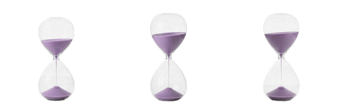 Set of elegant glass hourglass with purple sand isolated on white background for time management, countdown, and productivity business concepts.