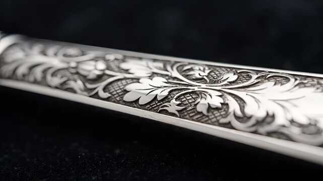 Closeup Macro Shot of Ornate Engraved Silverware Handle with Intricate Floral Patterns.
