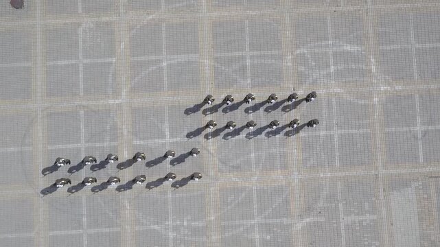 Top down aerial view of military soldiers marching in a synchronized formation on a paved city square during a parade, creating intricate geometric patterns and casting long shadows.

