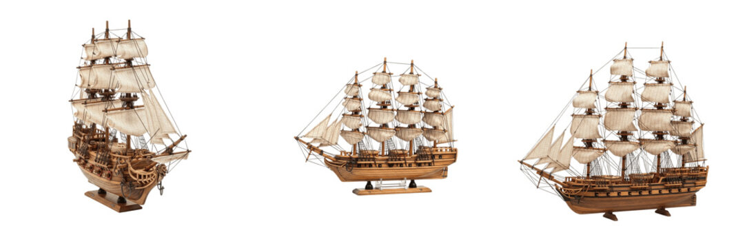 Set of Detailed Vintage Sailing Model Ship or replica isolated on white background for maritime, history, decoration, and hobby graphic designs.