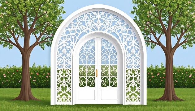 Ornate white arched doorway with intricate lace-like patterns, flanked by trees and rose bushes, a charming garden entrance