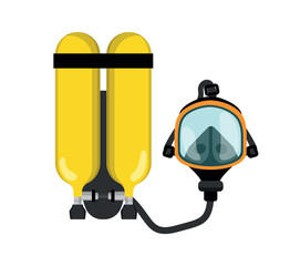 Naklejka premium Vector illustration of a self contained breathing apparatus with yellow cylinders and mask. Flat cartoon isolated object for fire safety.