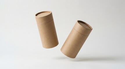 Obraz premium Two floating brown cardboard tubes with lids on a white background, perfect for product mockups.