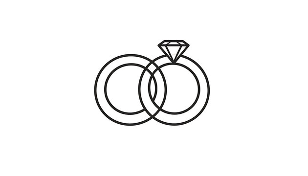 Outline of two interlocking wedding rings, one with a diamond, symbolizing love and commitment