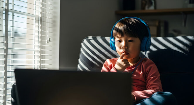 Focused Young Boy Learning Online Wearing Blue Headphones in Front of a Laptop for E-learning and Digital Education Concepts.