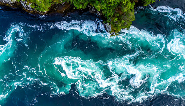 Overhead aerial view of turbulent turquoise river rapids flowing through lush green forest, dynamic water motion, natural abstract texture