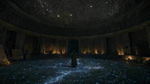 Man kneeling inside a cosmic planetarium temple with glowing floor constellations. Astronomer exploring celestial map in dark ancient architecture. Astronomy concept.