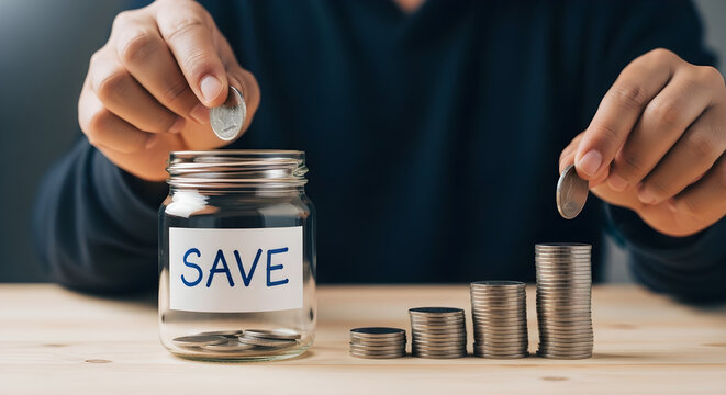 Financial Growth Concept with Person Putting Coins into a Glass Jar Labeled SAVE for Investment and Personal Finance Blogs.