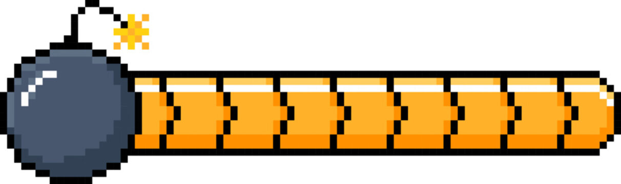 Pixel video game icons loading progress bars menu buttons and arrows in 8bit retro style