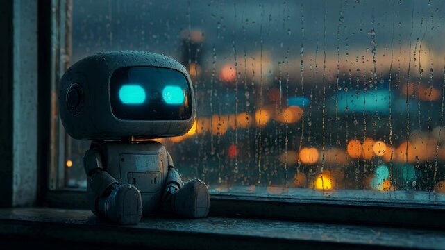 Small robot sits by window during rainy evening. Cute mechanical character watches glowing city lights through wet glass. Futuristic melancholy mood and technology.