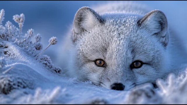 A beautiful frost covered arctic fox rests quietly in the deep snow while its white fur gently ruffles in the cold wind during a peaceful winter day in the frozen wilderness.