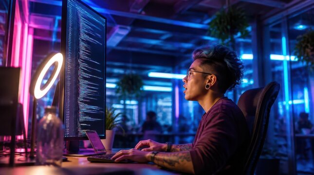 A non binary software engineer focused on complex programming code, working late inside a modern sprawling open plan tech hub with cinematic neon lighting and a professional widescreen atmosphere.