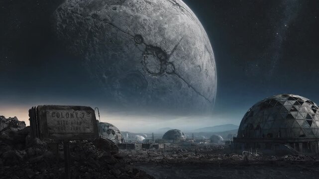 Ruined space colony on alien planet with massive moon overhead. Abandoned dome structure in desolate landscape. Science fiction setting for space travel concept.
