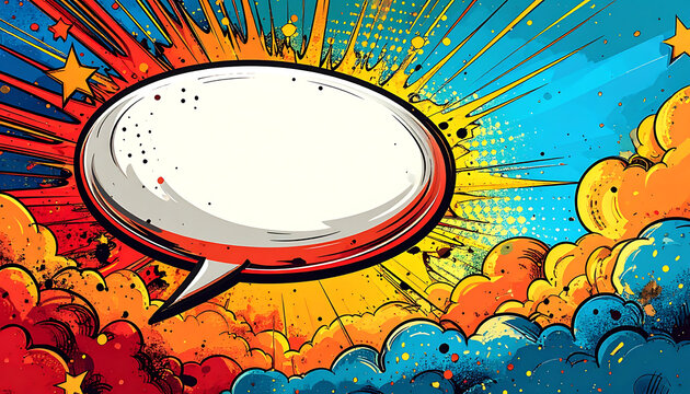 Pixel art comic book speech bubble bursting with explosive energy, dynamic action lines, and colorful clouds, retro pop art style