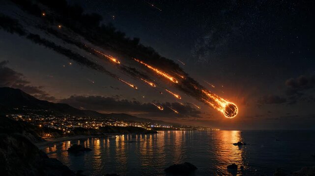 Flaming asteroid falling over a coastal town at night. Meteor shower crashing into the ocean near lights of a city. Cosmic disaster event, science fiction scene.