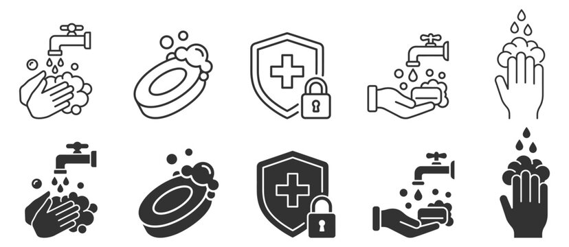 hand washing and hygiene icons set with soap, water drops, and shield with lock for health and safety on transparent background