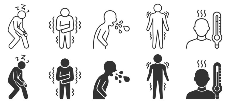 Disease symptom icons set including fatigue, stomach ache, vomiting, chills, fever with thermometer line and solid style on transparent background