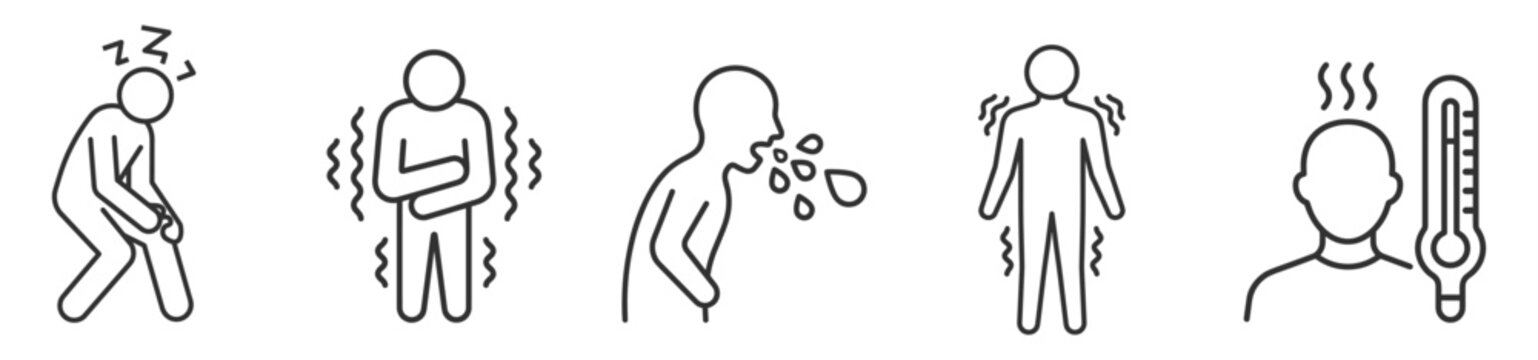 vector line icons of sick human symptoms including fatigue vomiting cough chills and fever on transparent background