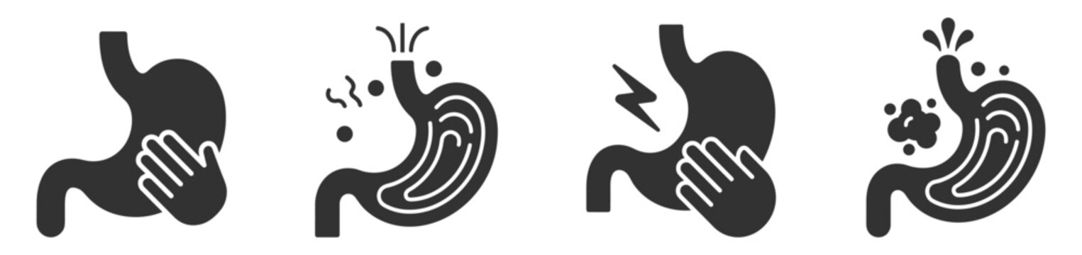 Stomach pain and indigestion icons set, human digestive system symbols representing discomfort, illness, and treatment on transparent background