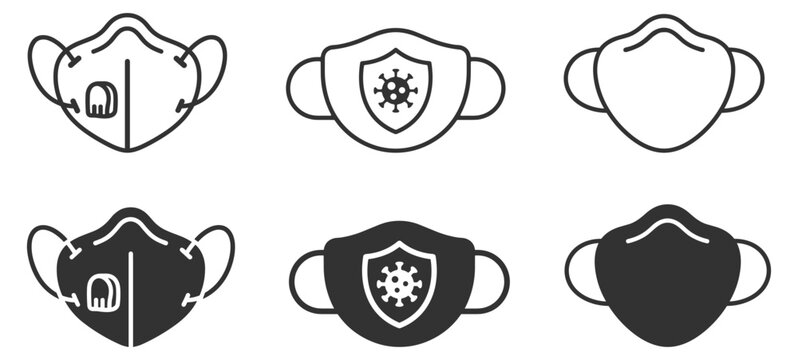 medical face masks with valve and protection shield icons set on transparent background