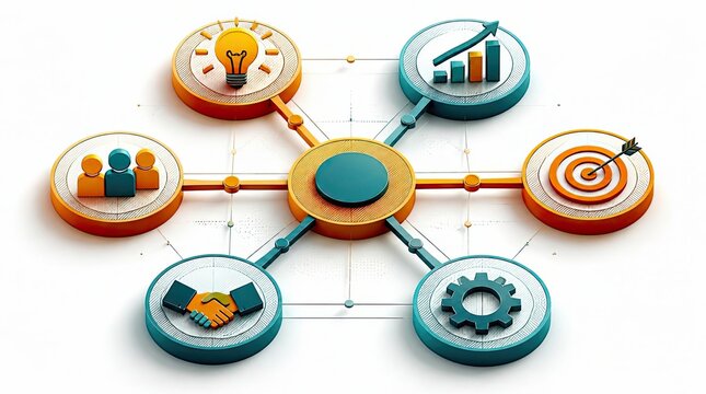 Radiating nodes of warm ochre and teal connect in a central hub design, featuring icons for innovation, growth, target, partnership, and engineering in a detailed, high resolution cinematic format.