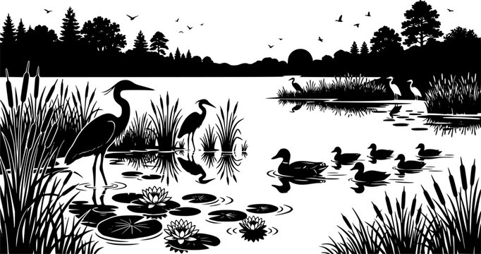 Black silhouette of herons and ducks in a serene lake with cattails and lily pads
