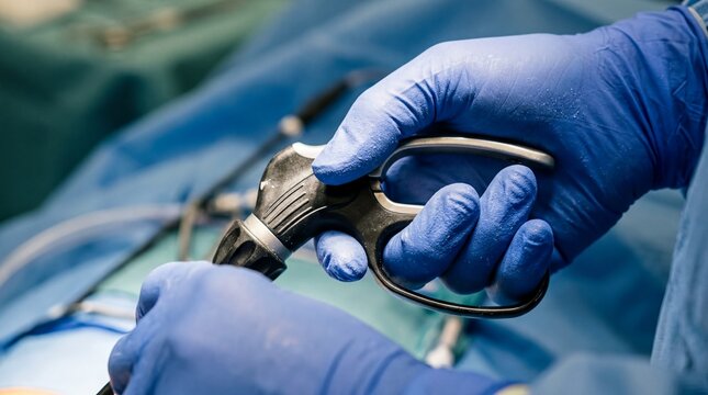 surgical techniques, surgeons hands in sterile gloves expertly grasp a laparoscopic tool