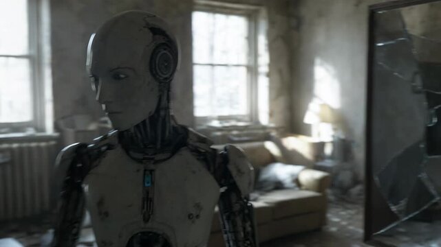 Robot touching its reflection in a broken mirror. Synthetic android examining damaged face in shattered glass. Scifi machine exploring self-awareness in old room.