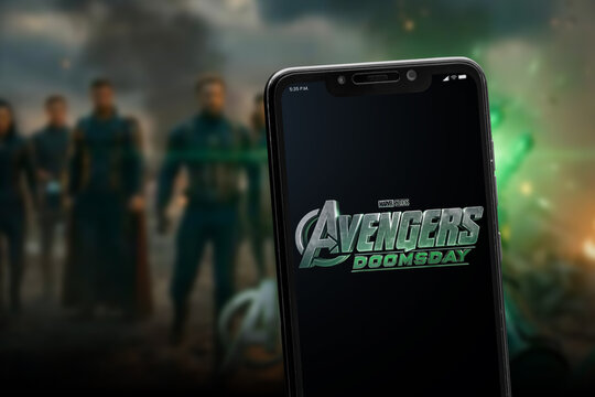  Cali, Colombia - May 28 2026: Smartphone displaying Avengers Doomsday title with superhero cinematic background