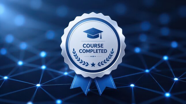 Floating course completion certification badge with subtle metallic textures set against a cinematic digital background representing professional educational achievement and online success.