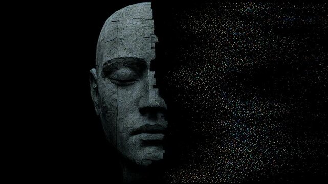 Stone head of a man transforming into digital data. Human face disintegrating into colorful pixels. Cybernetic intelligence and technological evolution concept.