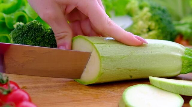 Cutting zucchini halves on wooden board for healthy diet and clean eating lifestyle