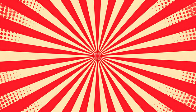 Retro comic book sunburst background with halftone dots, vibrant red and cream radiating lines, explosion effect, vintage graphic element