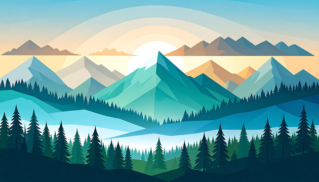 Pixel art landscape with sun rising over mountains and forests, serene nature vista, digital art style