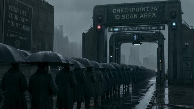 People waiting in rainy line at futuristic city checkpoint. Citizens with umbrellas standing in queue for id scan. Dystopian social control and security surveillance.